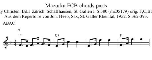 Mazurka FCB chords parts - staff notation