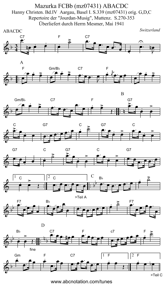 Mazurka FCBb (mz07431) ABACDC - staff notation