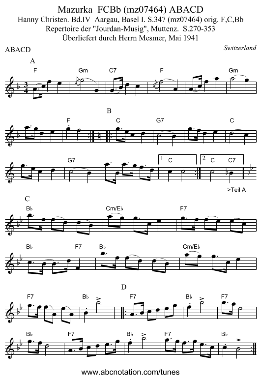 Mazurka  FCBb (mz07464) ABACD - staff notation