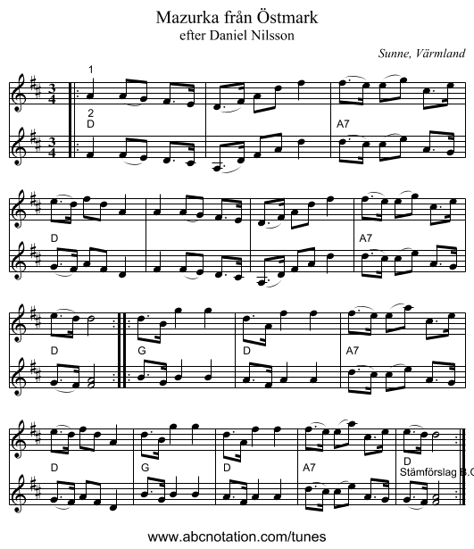 Mazurka från Östmark - staff notation