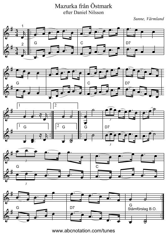 Mazurka från Östmark - staff notation