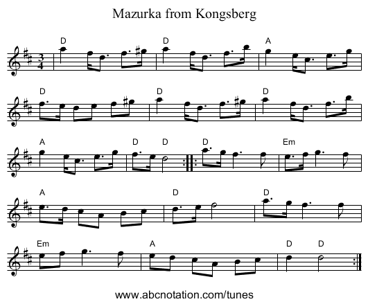 Mazurka from Kongsberg - staff notation