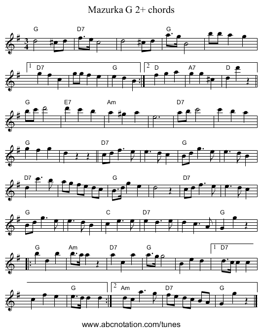 Mazurka G 2+ chords - staff notation