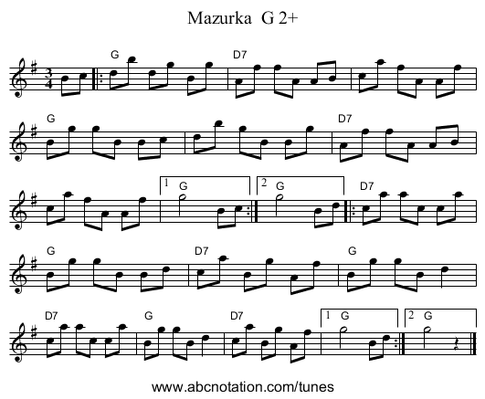 Mazurka  G 2+ - staff notation