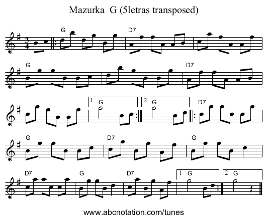 Mazurka  G (5letras transposed) - staff notation
