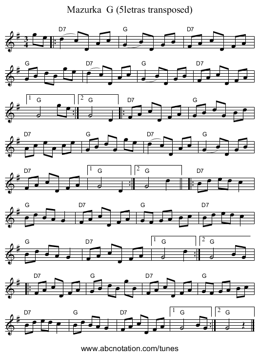 Mazurka  G (5letras transposed) - staff notation