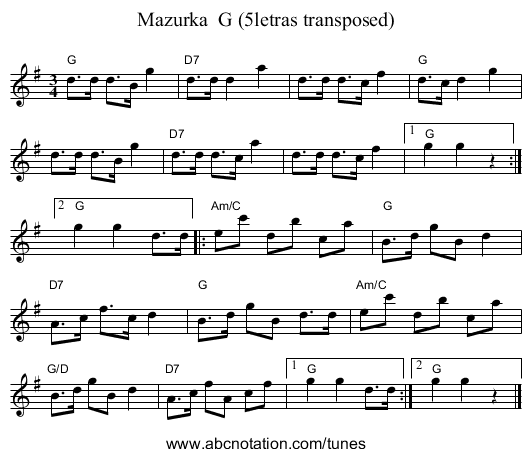 Mazurka  G (5letras transposed) - staff notation