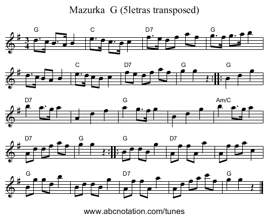 Mazurka  G (5letras transposed) - staff notation