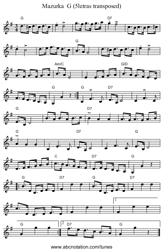 Mazurka  G (5letras transposed) - staff notation