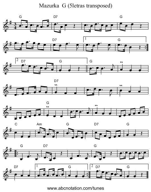 Mazurka  G (5letras transposed) - staff notation