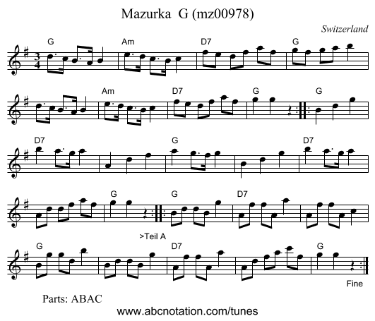 Mazurka  G (mz00978) - staff notation