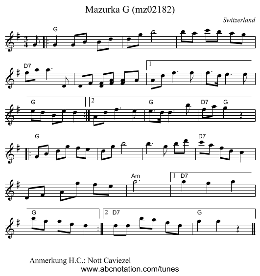 Mazurka G (mz02182) - staff notation