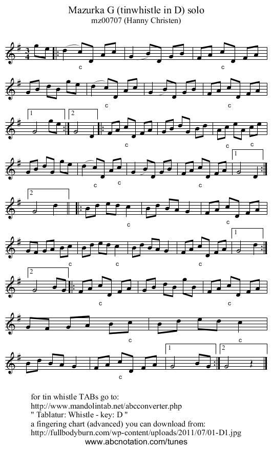 Mazurka G (tinwhistle in D) solo - staff notation