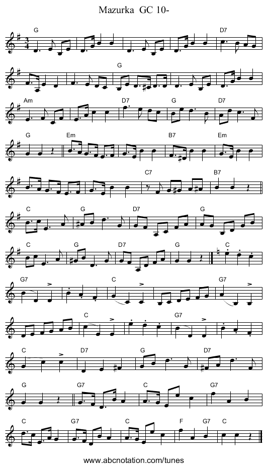 Mazurka  GC 10- - staff notation