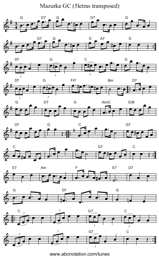 Mazurka GC (5letras transposed) - staff notation