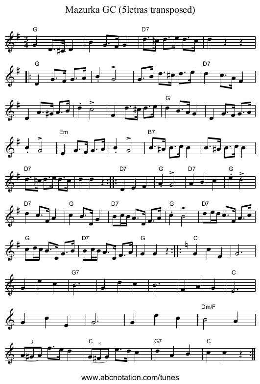 Mazurka GC (5letras transposed) - staff notation