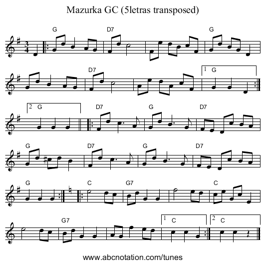Mazurka GC (5letras transposed) - staff notation