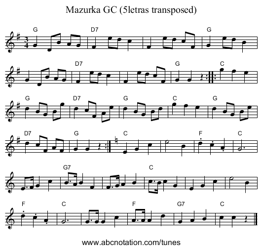 Mazurka GC (5letras transposed) - staff notation