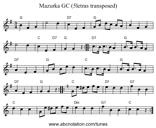 Mazurka GC (5letras transposed) - staff notation
