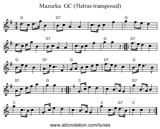 Mazurka  GC (5letras transposed) - staff notation