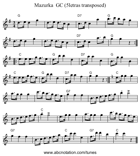 Mazurka GC (5letras transposed) - staff notation