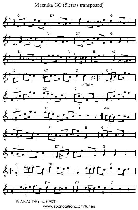 Mazurka GC (5letras transposed) - staff notation