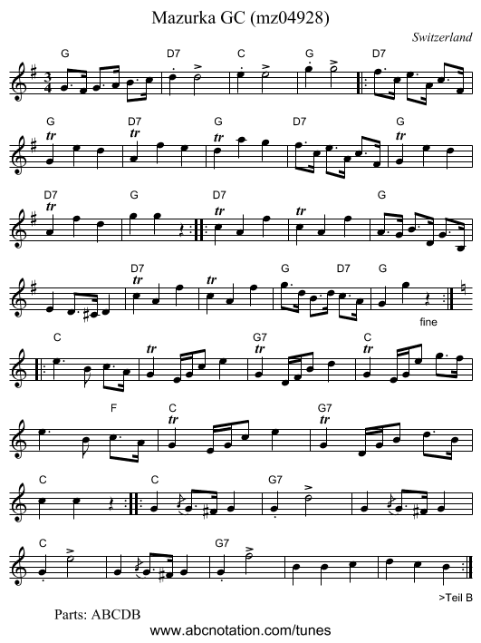 Mazurka GC (mz04928) - staff notation