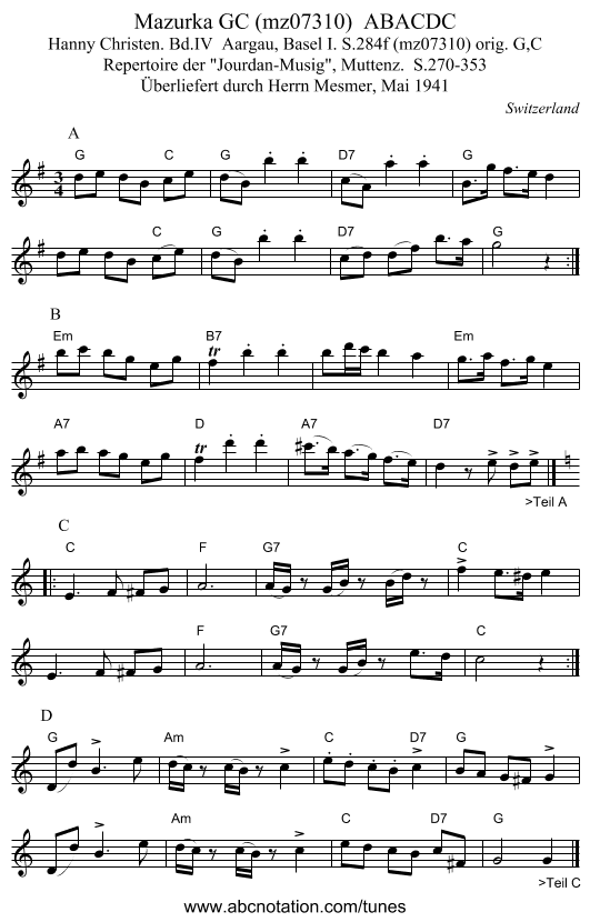 Mazurka GC (mz07310) ABACDC - staff notation