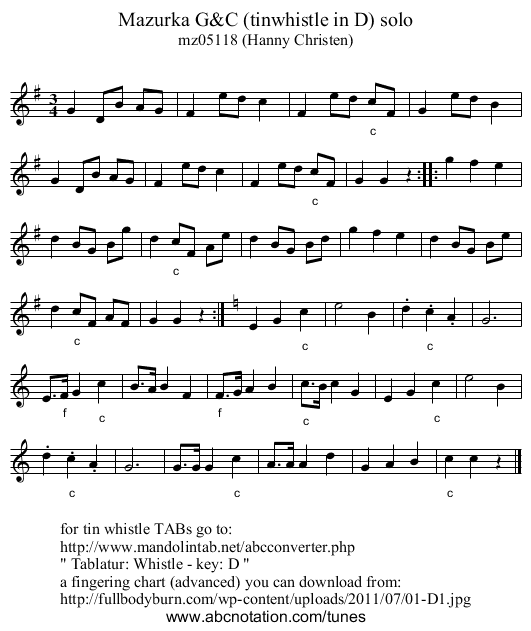 Mazurka G&C (tinwhistle in D) solo - staff notation