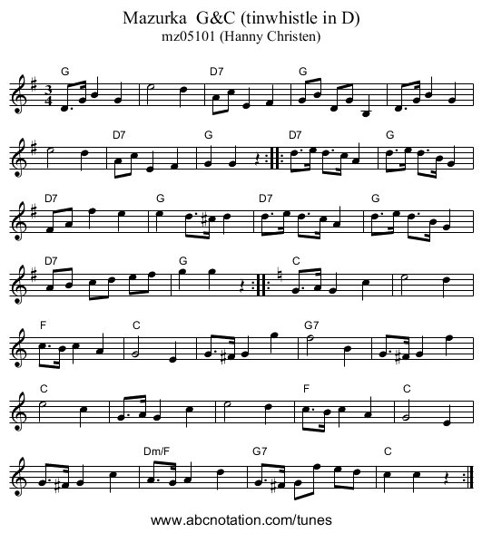 Mazurka  G&C (tinwhistle in D) - staff notation