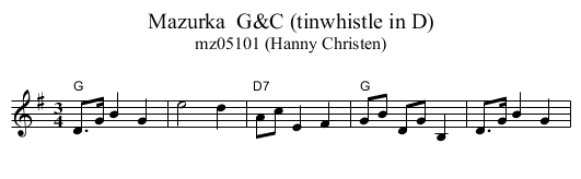 Mazurka  G&C (tinwhistle in D) - staff notation