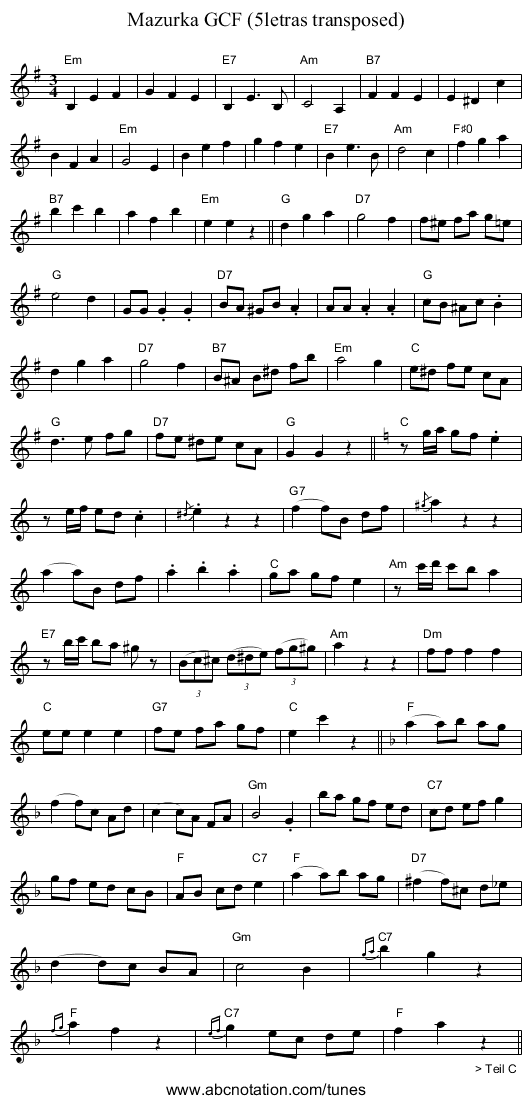 Mazurka GCF (5letras transposed) - staff notation