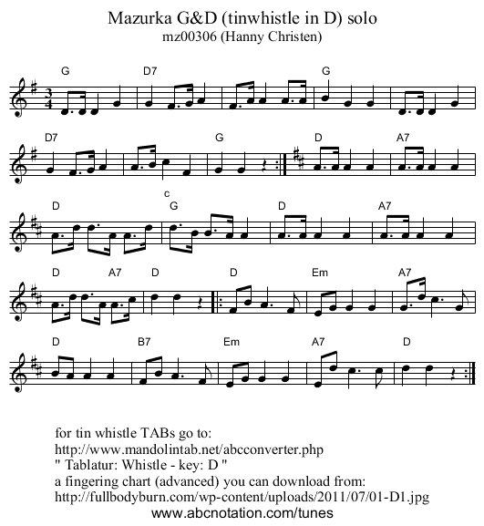 Mazurka G&D (tinwhistle in D) solo - staff notation