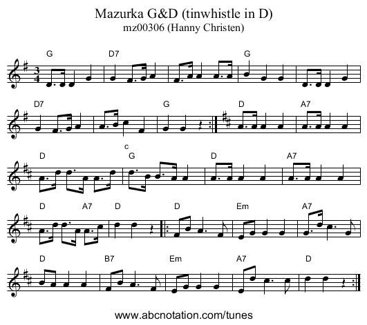 Mazurka G&D (tinwhistle in D) - staff notation