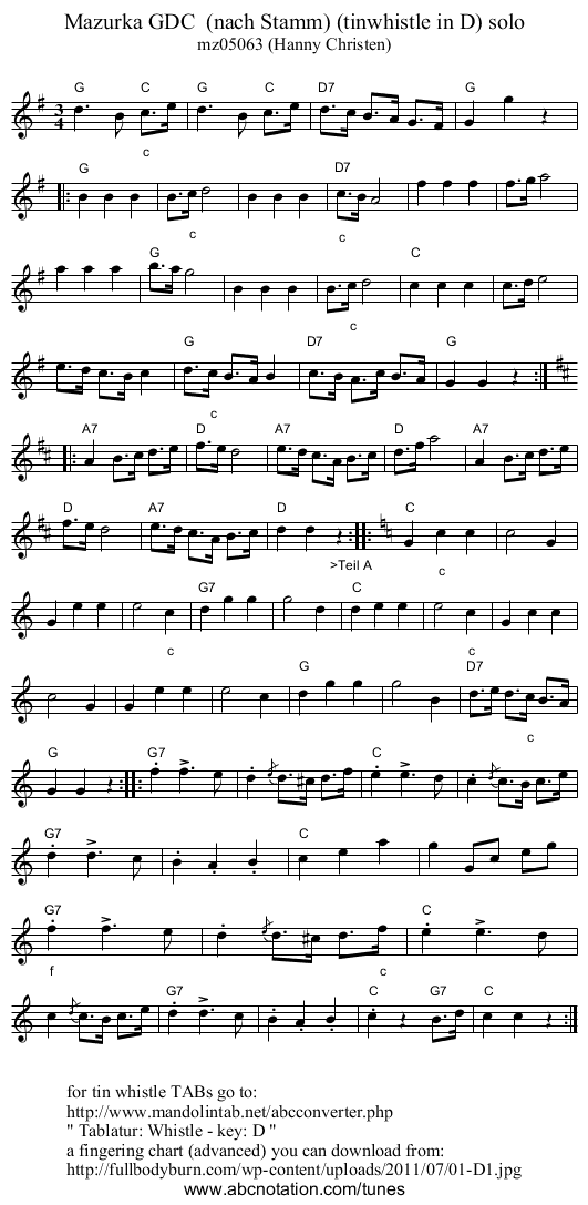 Mazurka GDC  (nach Stamm) (tinwhistle in D) solo - staff notation