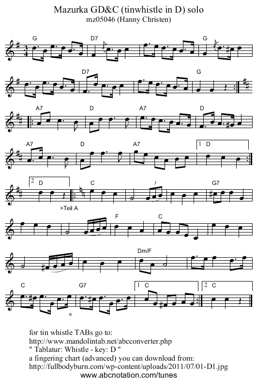 Mazurka GD&C (tinwhistle in D) solo - staff notation
