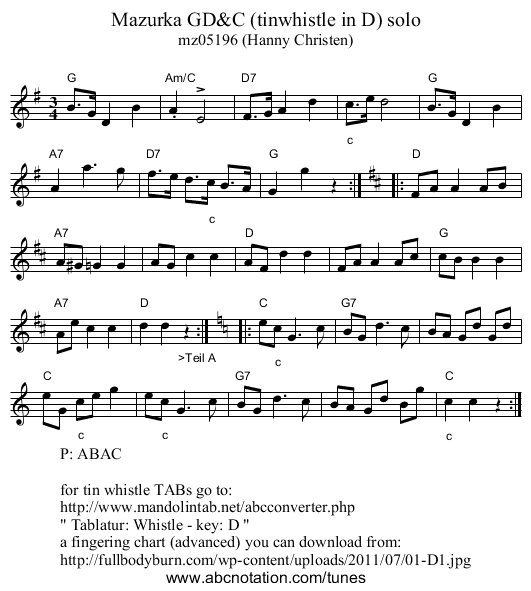 Mazurka GD&C (tinwhistle in D) solo - staff notation