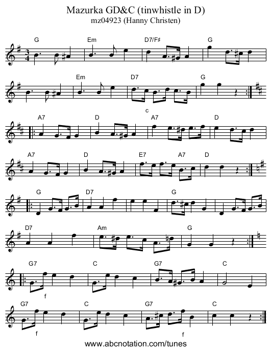 Mazurka GD&C (tinwhistle in D) - staff notation