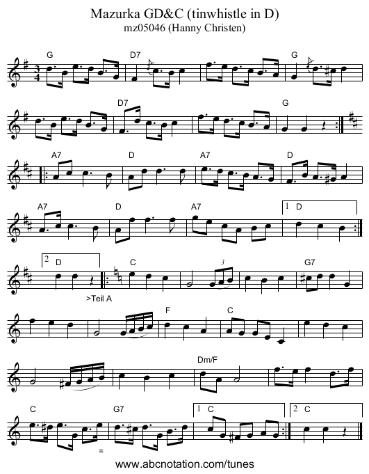 Mazurka GD&C (tinwhistle in D) - staff notation