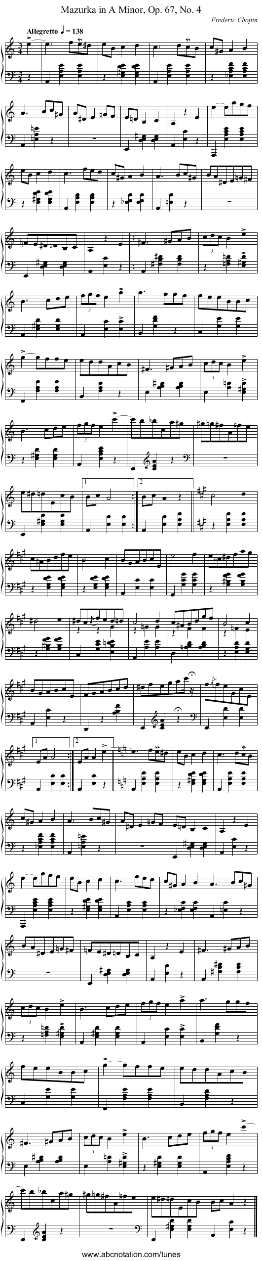 Mazurka in A Minor, Op. 67, No. 4 - staff notation