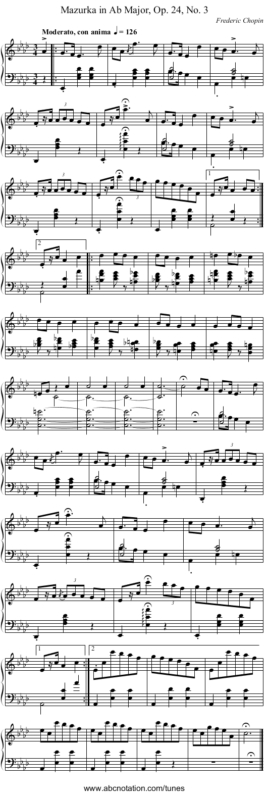 Mazurka in A♭ Major, Op. 24, No. 3 - staff notation