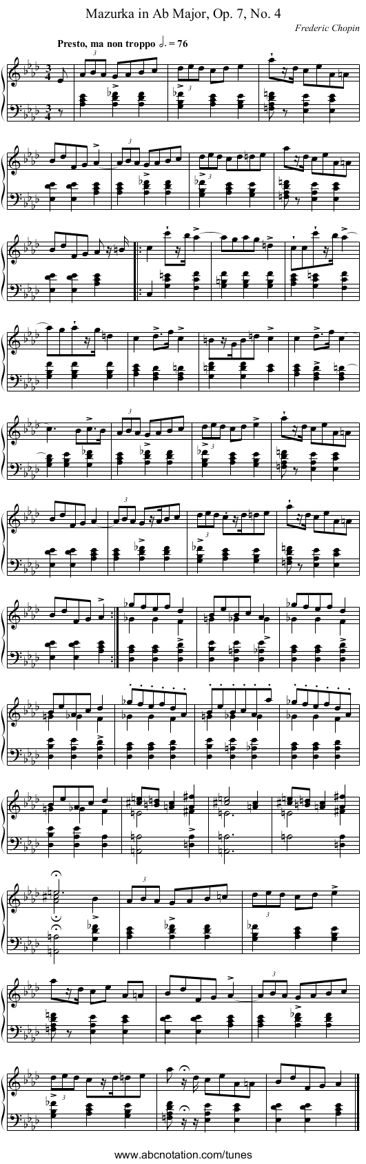 Mazurka in A♭ Major, Op. 7, No. 4 - staff notation
