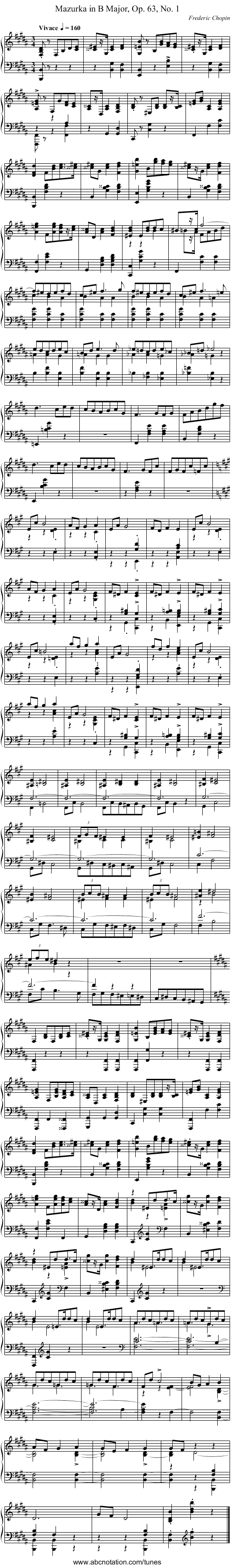 Mazurka in B Major, Op. 63, No. 1 - staff notation