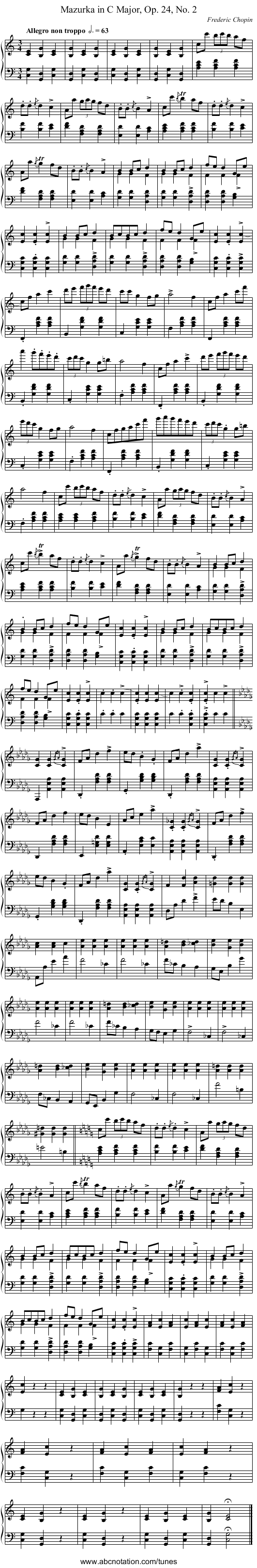 Mazurka in C Major, Op. 24, No. 2 - staff notation