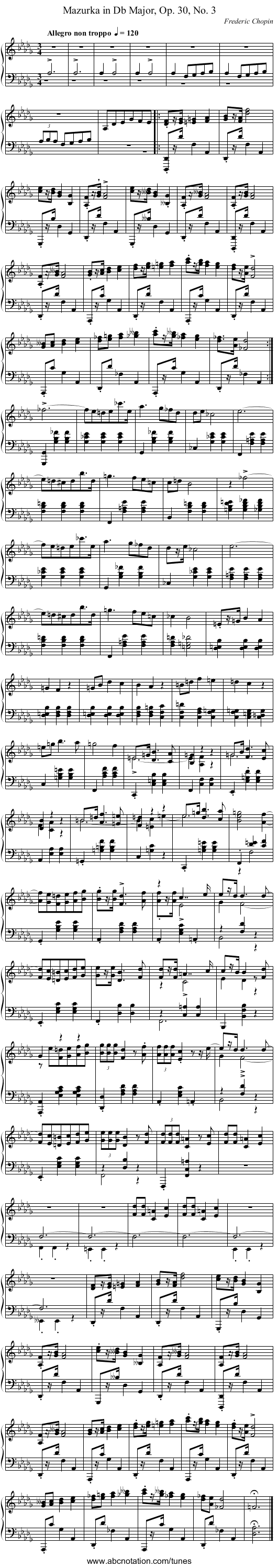 Mazurka in D♭ Major, Op. 30, No. 3 - staff notation
