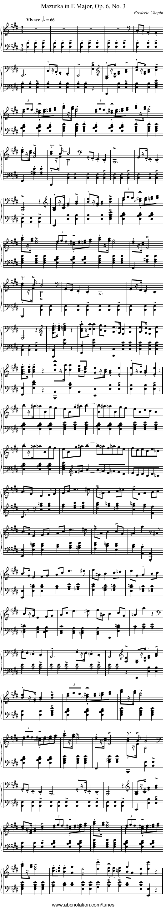 Mazurka in E Major, Op. 6, No. 3 - staff notation