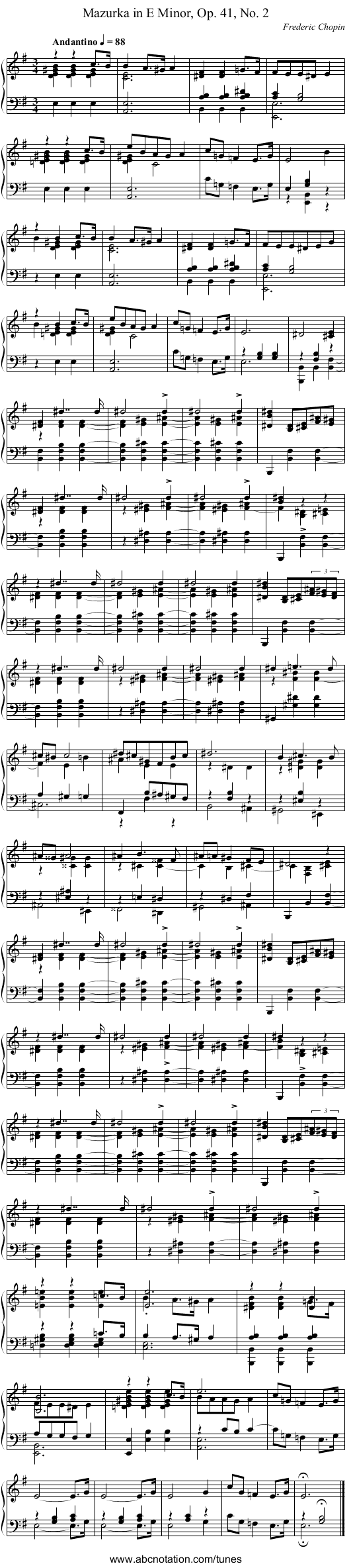 Mazurka in E Minor, Op. 41, No. 2 - staff notation