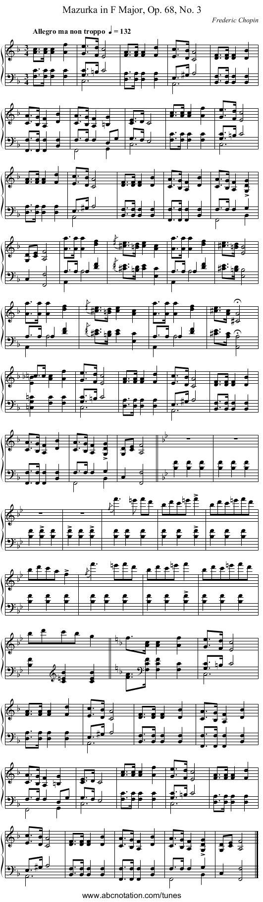 Mazurka in F Major, Op. 68, No. 3 - staff notation