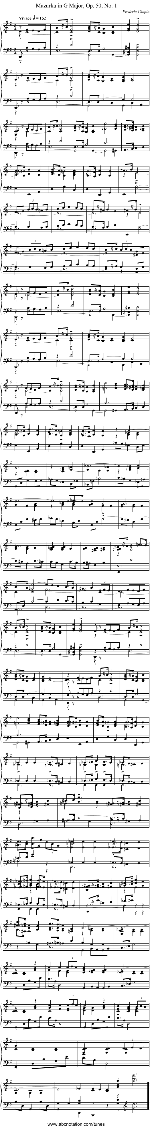 Mazurka in G Major, Op. 50, No. 1 - staff notation