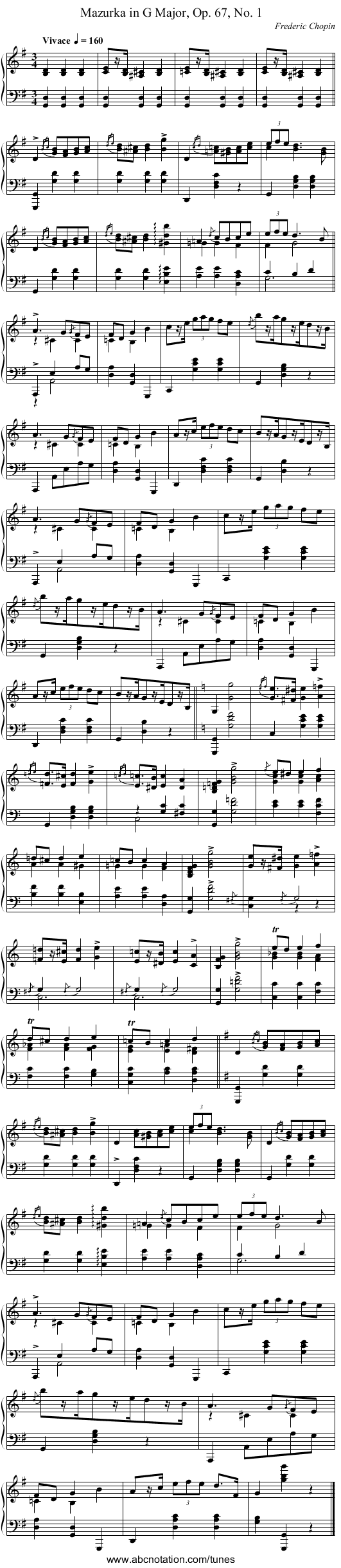 Mazurka in G Major, Op. 67, No. 1 - staff notation